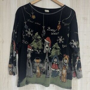 Jess And Jane Bow Wow Christmas Holiday Black Dog Shirt Size XL Granny core